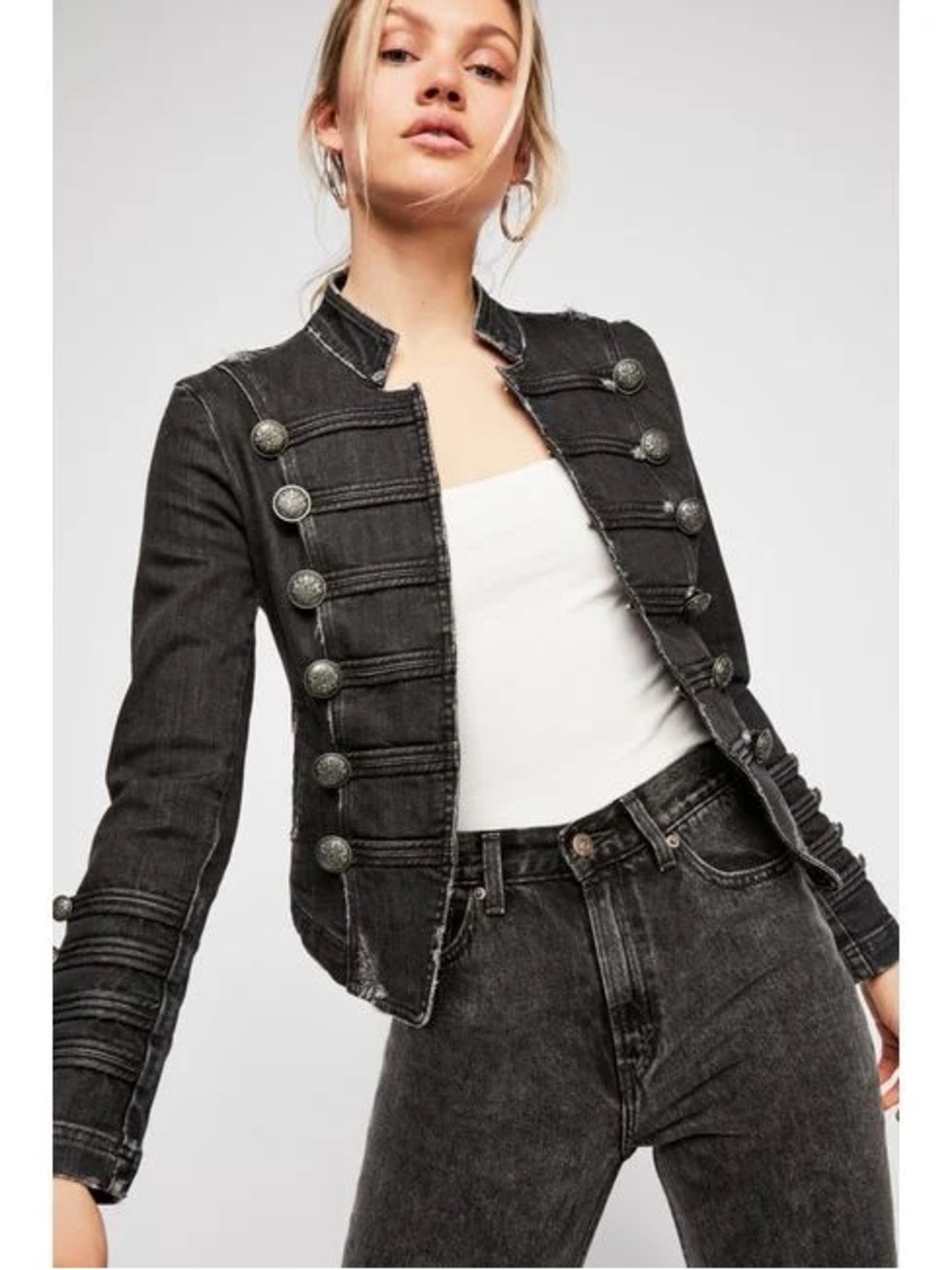 Free people fitted denim distressed cotton military jacket - black- size xs